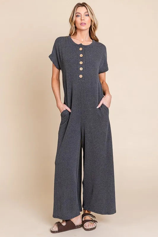Rib Knit Jumpsuit with Button Detail