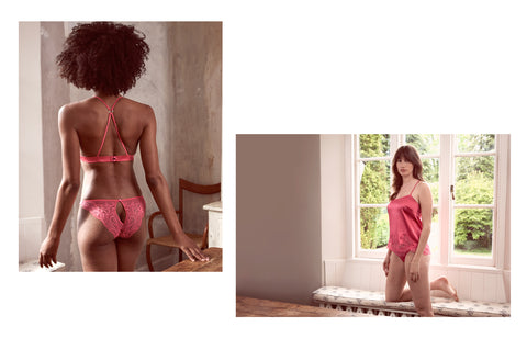 Updated lingerie styles for this collection. An ouvert lace brief and exquisite coral silk and lace camisole top