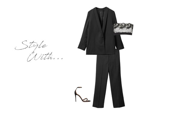 Black cosmic strapless boudoir styled wit heeled sandals, suit, for christmas, festive meal, party, drinks