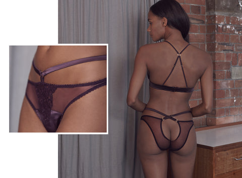 Fleur of England luxury lingerie ouvert brief aubergine embroidery