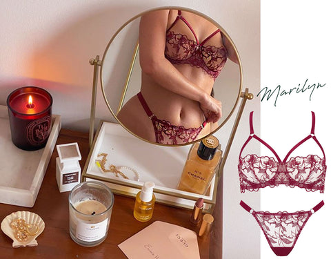 Fleur of England – Luxus-Dessous – Set aus Balconette-BH und Tanga in Dunkelrot mit Stickerei-Trägern