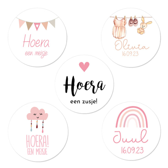 spleet nakomelingen Buitengewoon Stickers en sluitzegels voor op een traktatie bij geboorte meisje –  Geboortesnoepjes.nl