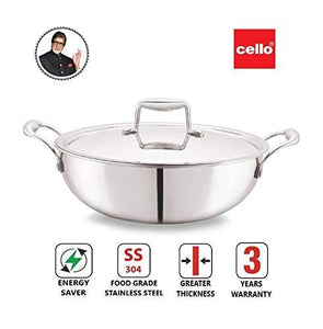 Cello TriPly Stainless Steel Kadhai with Lid (28 cm - 4.6 L) - KOCHEN ESSENTIAL