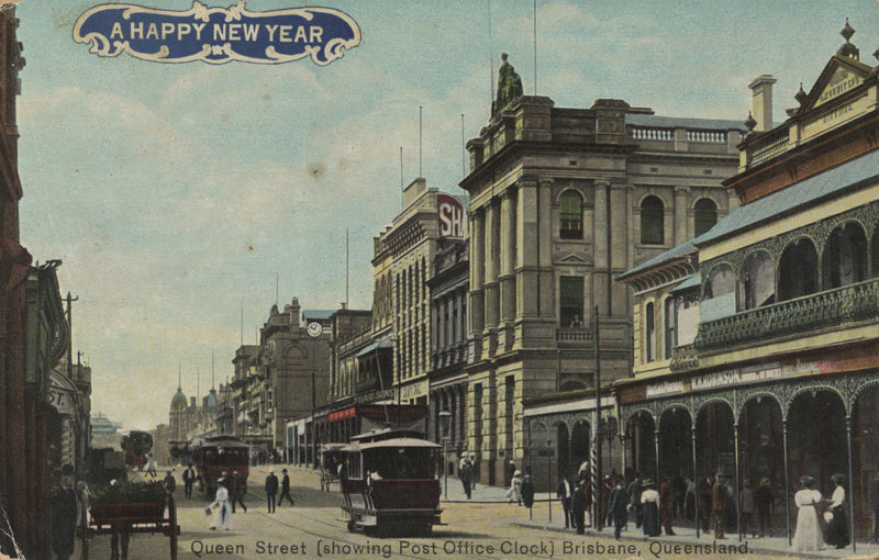New Year postcard showing Queen Street, Brisbane, 1908