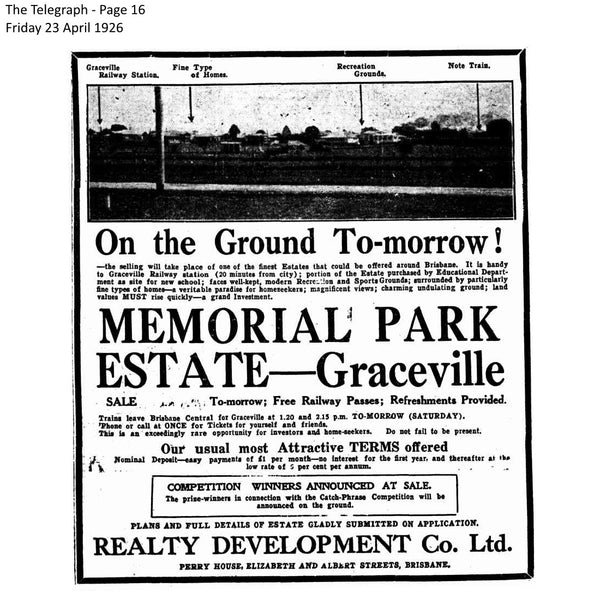 Newspaper Article - 1926 Graceville - The Memorial Park Estate