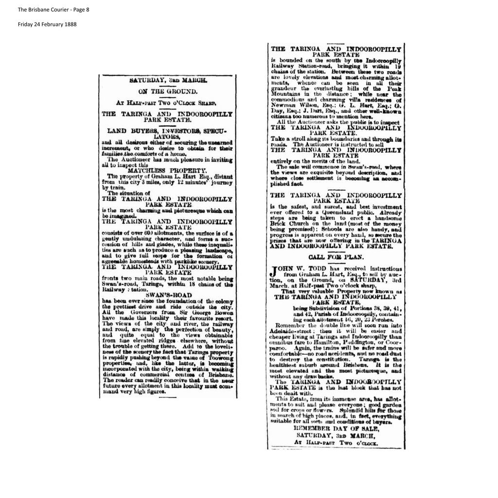 Newspaper Article - 1888 Taringa and Indooroopilly Park Estate