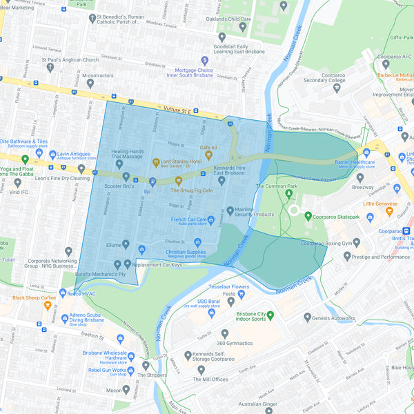 Google map showing the present day location of East Woolloongabba Estate (Darragh's Paddock)