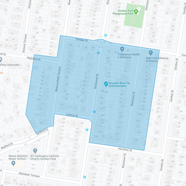 Google map showing the present day location of Gordon Park - Section 1a