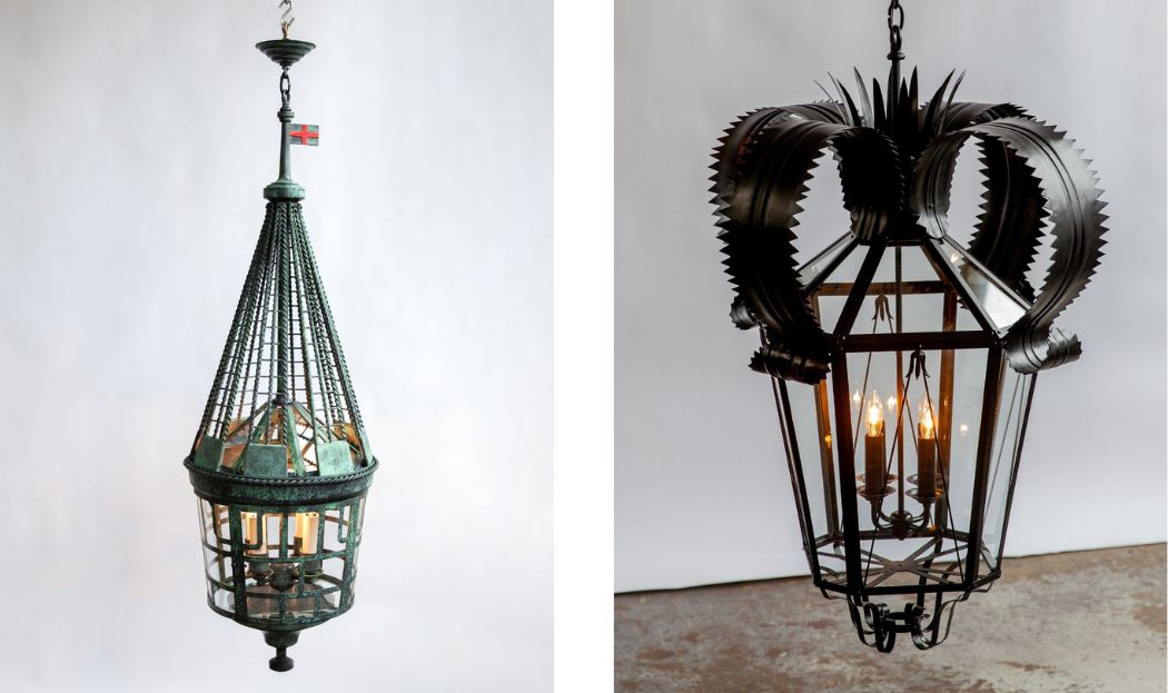Finished replications of the original black and verdigris lanterns appear lit.