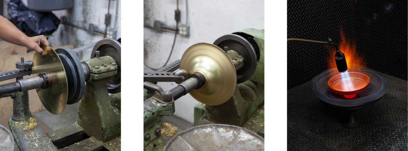 The spinning process - a flat disc of brass being mounted on a spinning lathe, spun into the desired shape, and then fired.