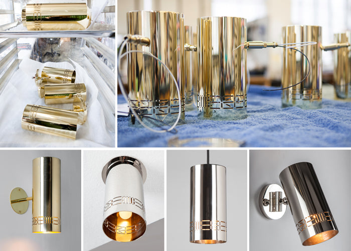 Cylindrical polished brass lighting fixtures shown on racks in the assembly area, and fully assembled in different versions - exterior wall light, ceiling flush mount, pendant, and a reading light.