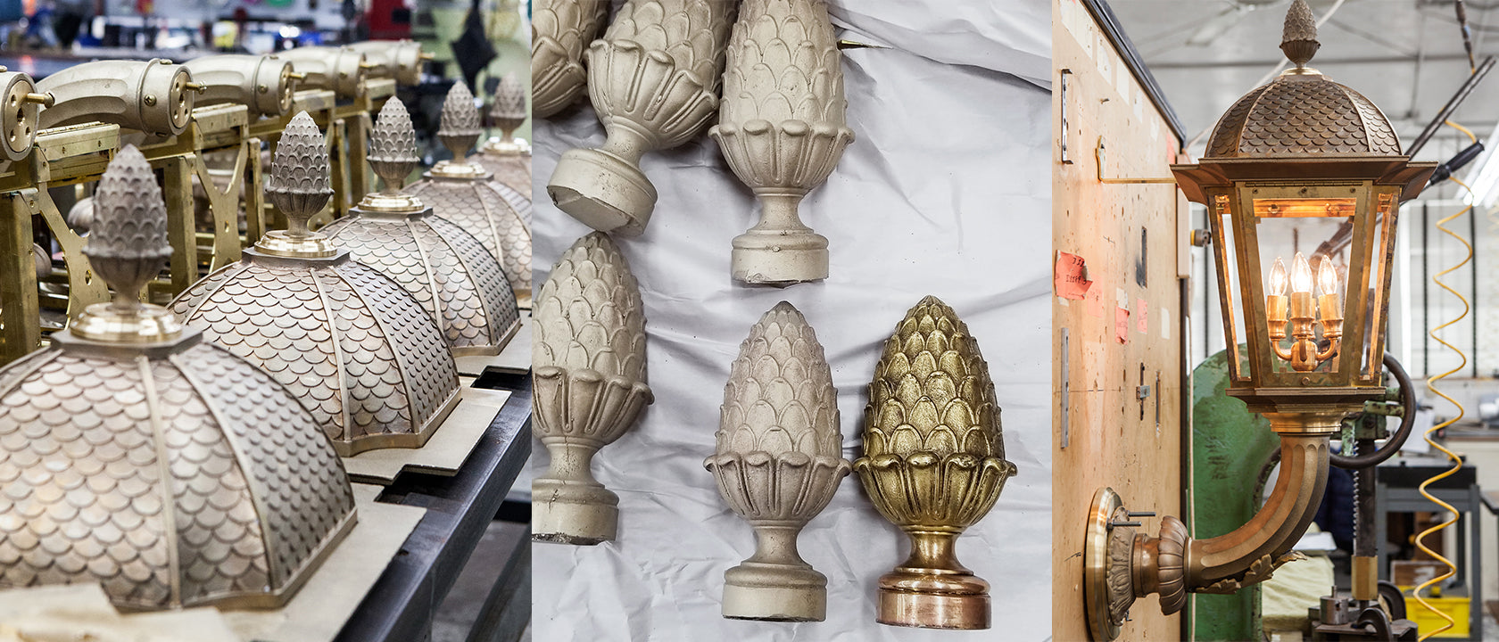 Images of the dry-fit process for cast bronze wall lanterns: a row of arched roofs with fish scale patterns, pine cone finials, and a side view of the fully assembled sconce.