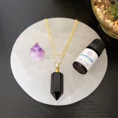 Obsidian Essential Oil Vial Necklace, Lavender and Amethyst on a Selenite charging plate