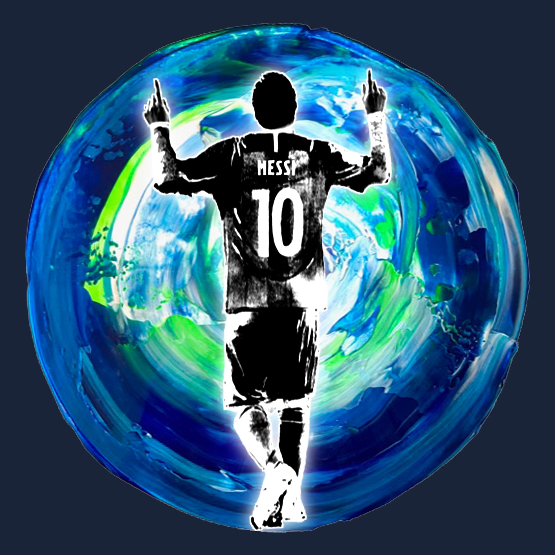 Messi_Earth_Silhouette_Tee - Áo thun Messi đầy phong cách và tầm nhìn toàn cầu này sẽ khiến bạn đắm say với sự nổi tiếng và tài năng của Messi. Thông qua hình ảnh toàn cầu của trái đất lồng vào hình ảnh của Messi, đó là một sự pha trộn tuyệt vời của phong cách và tầm nhìn.