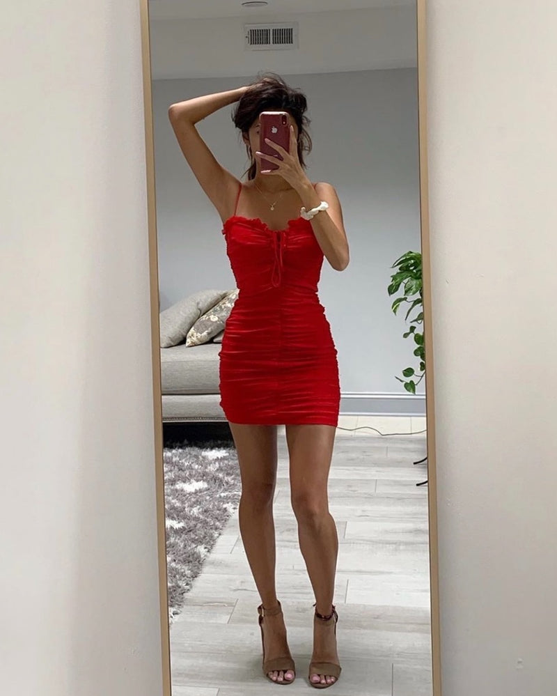 red ruched mini dress