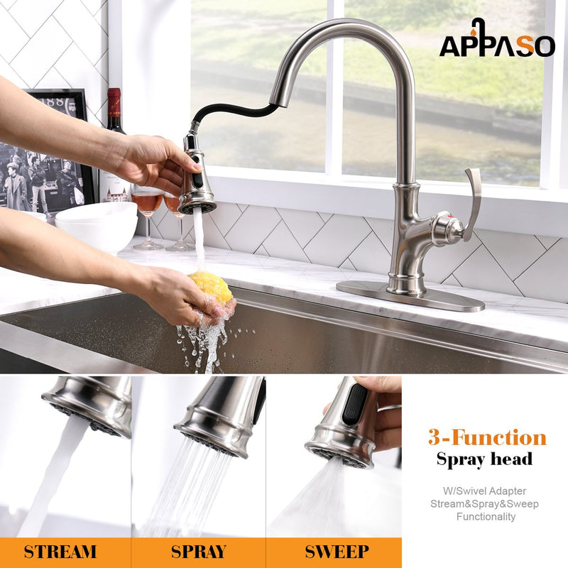 APPASO 199BN Single Handle Kitchen Faucet Brushed Nickel with Magnetic Docking Sprayer and Brush