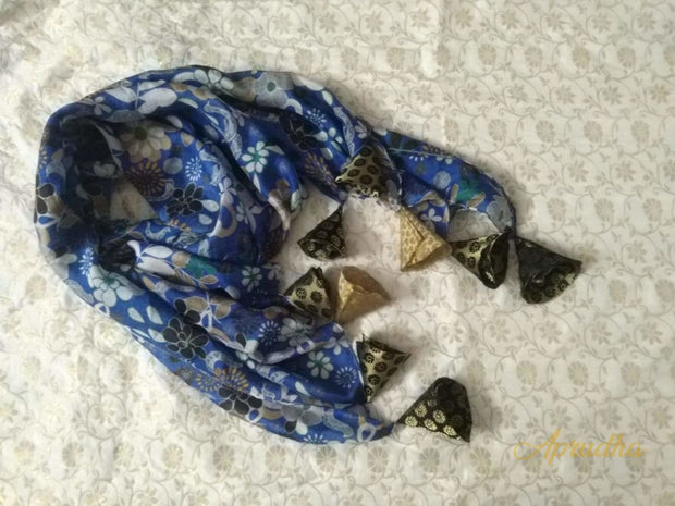 Peacock Blue Silk Scarf With Tassels - Aprudha