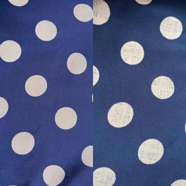 Right and wrong side of Navy and Taupe Polka Dot Fabric