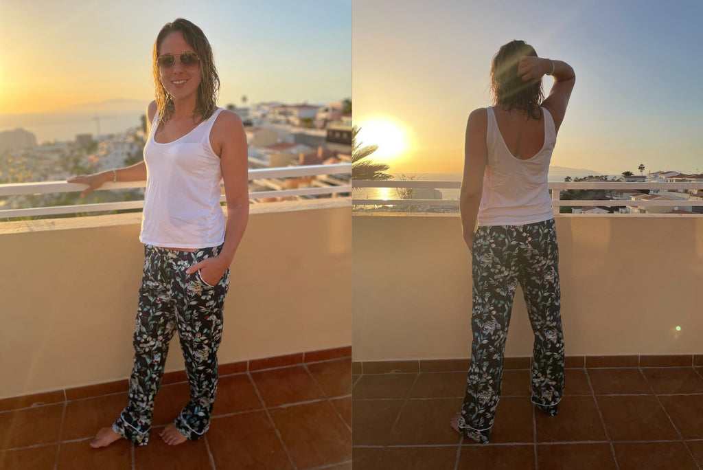 Nicola wearing her Carolyn Pajamas with a beautiful sunset in the background