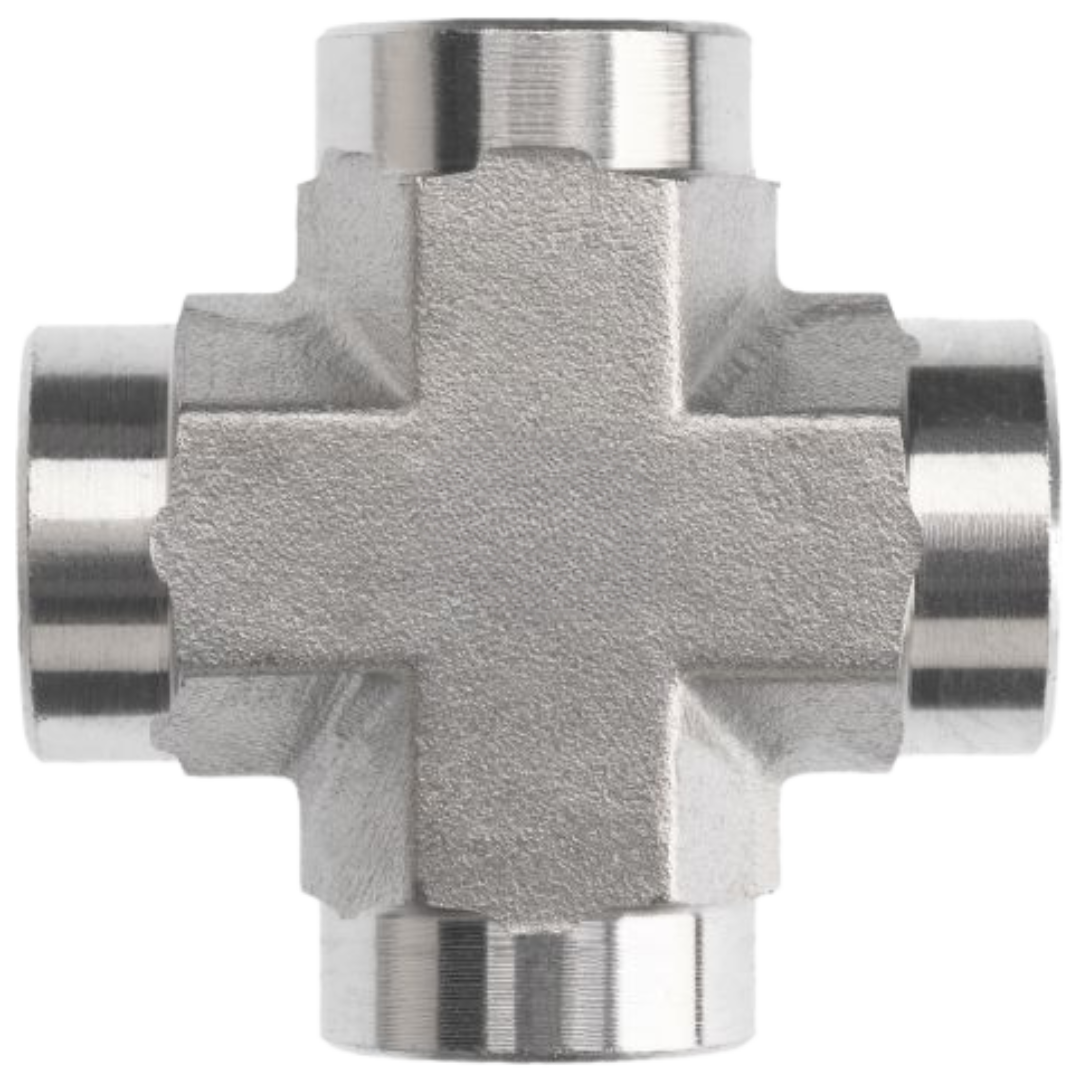 5652-06-06-06-06-FG : OneHydraulics Cross Steel Adapter, 3/8-18 (-06) Female NPT x 3/8-18 (-06) Female NPT x 3/8-18 (-06) Female NPT x 3/8-18 (-06) Female NPT, 6000psi
