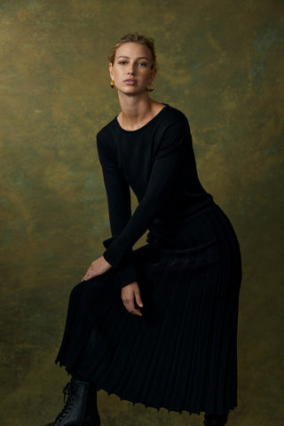 Merino Pleated Dress in Black - Cable Melbourne