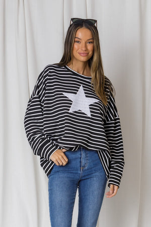 Maddy Stripe Sequin Star Sweater - Black/White