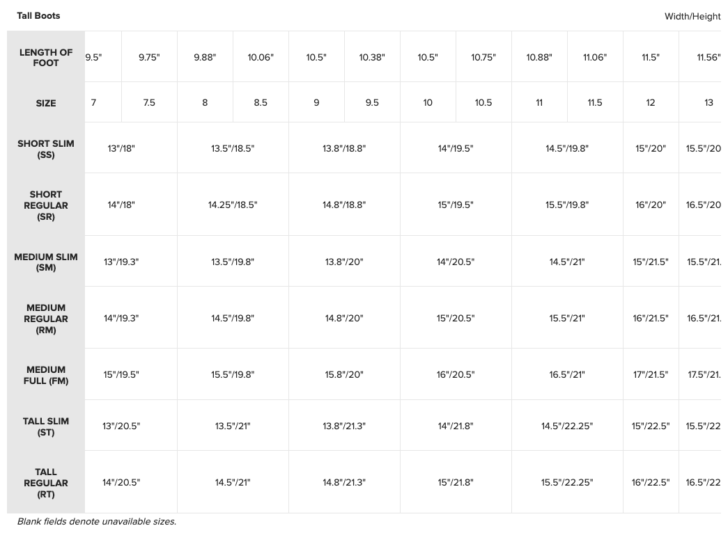 Ariat men's boots size chart