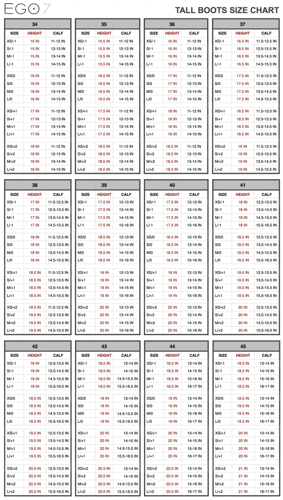 EGO7 tall boot size guide