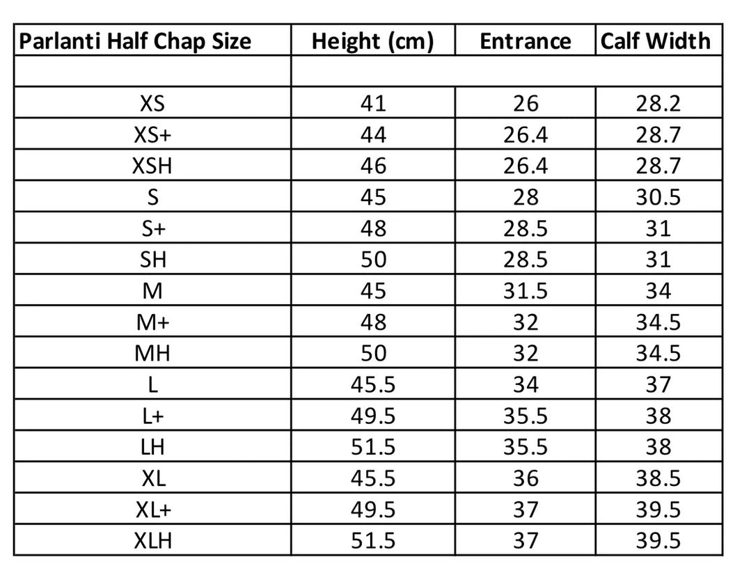 Parlanti half chap size guide