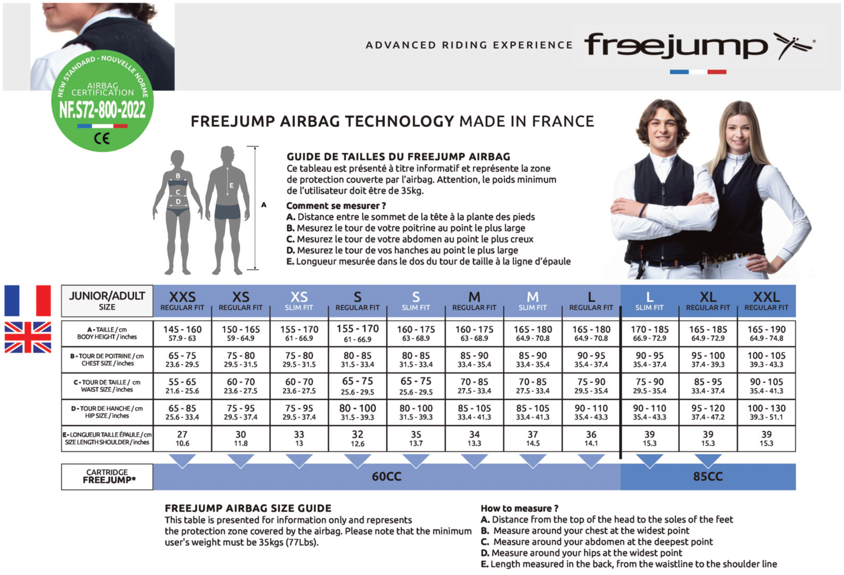 Freejump airbag adult size chart