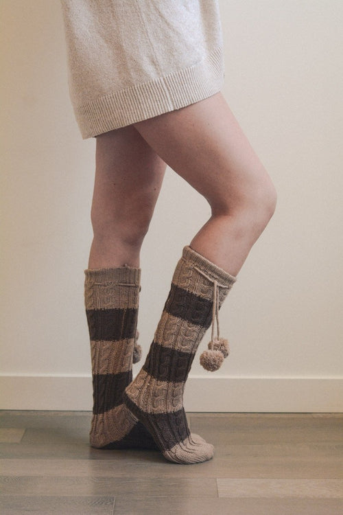 Leto Collection - Knee High Striped Pom Socks Black/White