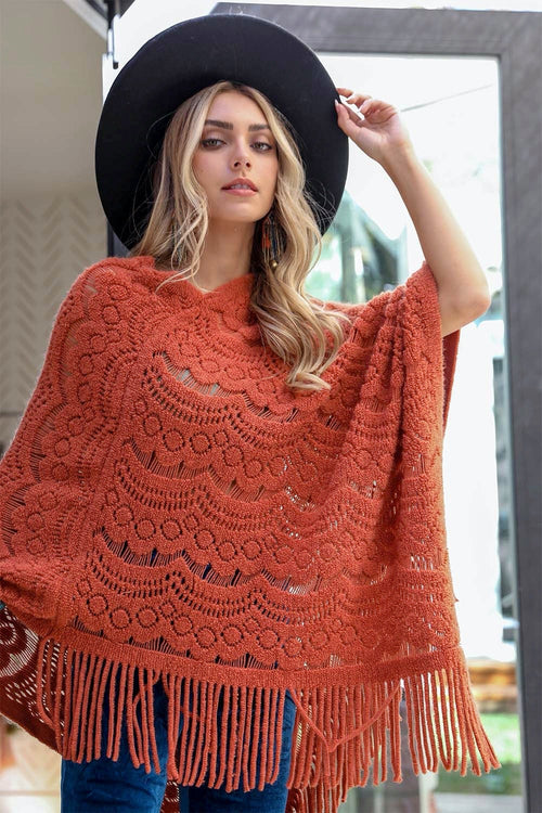 Leto Accessories Cable Knit Poncho with Tassels