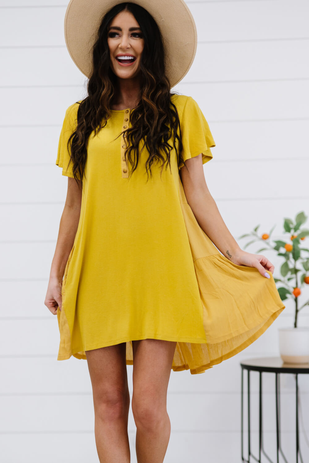 Round Neck Mustard Half-Button Tiered Back Mini Dress with Pockets –  Sidebottom Style