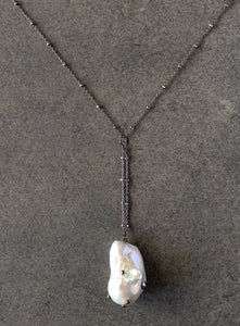 Long Blackened Sterling Silver Necklace with White Baroque Pearl Drop Chain Pendant