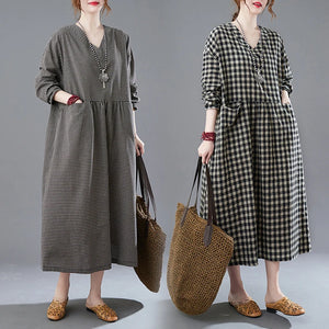 100kg Vintage Linen Plaid Dress Loose Classical V Neck Double Pockets Clothes - LastraFashion