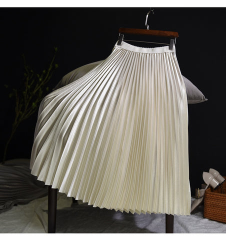 Metal Color Pleated Skirt Elastic High Waist Midi Chic Skirts ...