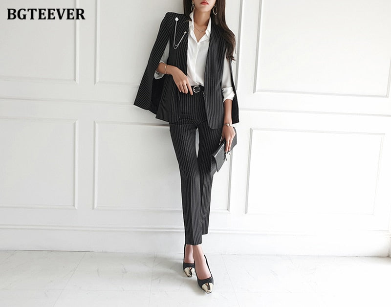 Stylish Women Blazer Set Belted Cloak Jacket & Suit Pants#N# #N# #N# #N ...