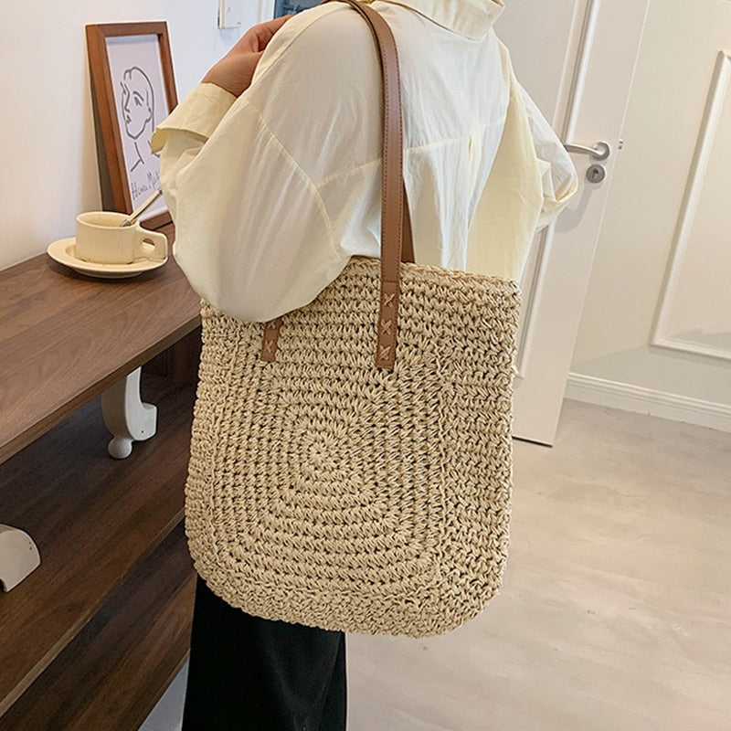 Vintage Straw Woven Shoulder Shopping Bag Casual Totes Ladies ...