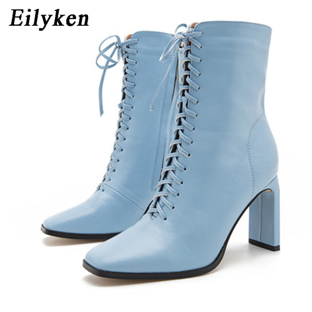 Square Head Ankle Boots Fashion Cross Strap Square High Heels Zipper O ...