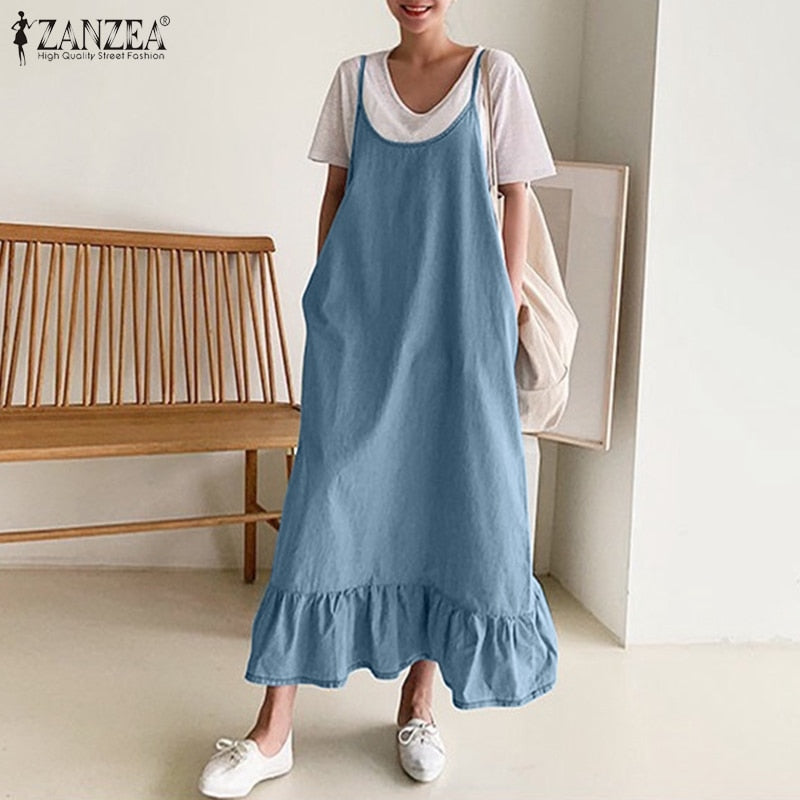 Denim Blue Ruffle Dress Women's Summer Sundress – lastrafashion