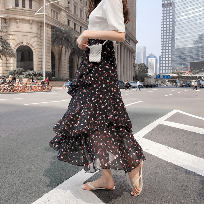 Boho Bohemian Ruffles Polka Dot Layer Flare High Waist Skirt ...