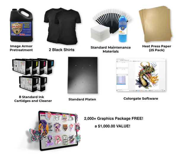 ricoh commercial printer package including ColorGate RIP Software 2 Black T-Shirts 1 Gallon of Image Armor Ultra  8 Cleaning Cartridges Complete CMYKWWW ink set (8 200ml Ink cartridges) Standard Platen 12.6" x 18" 25 Sheets Kraft Release Paper Cleaning Swabs, wipes and cleaning solution
