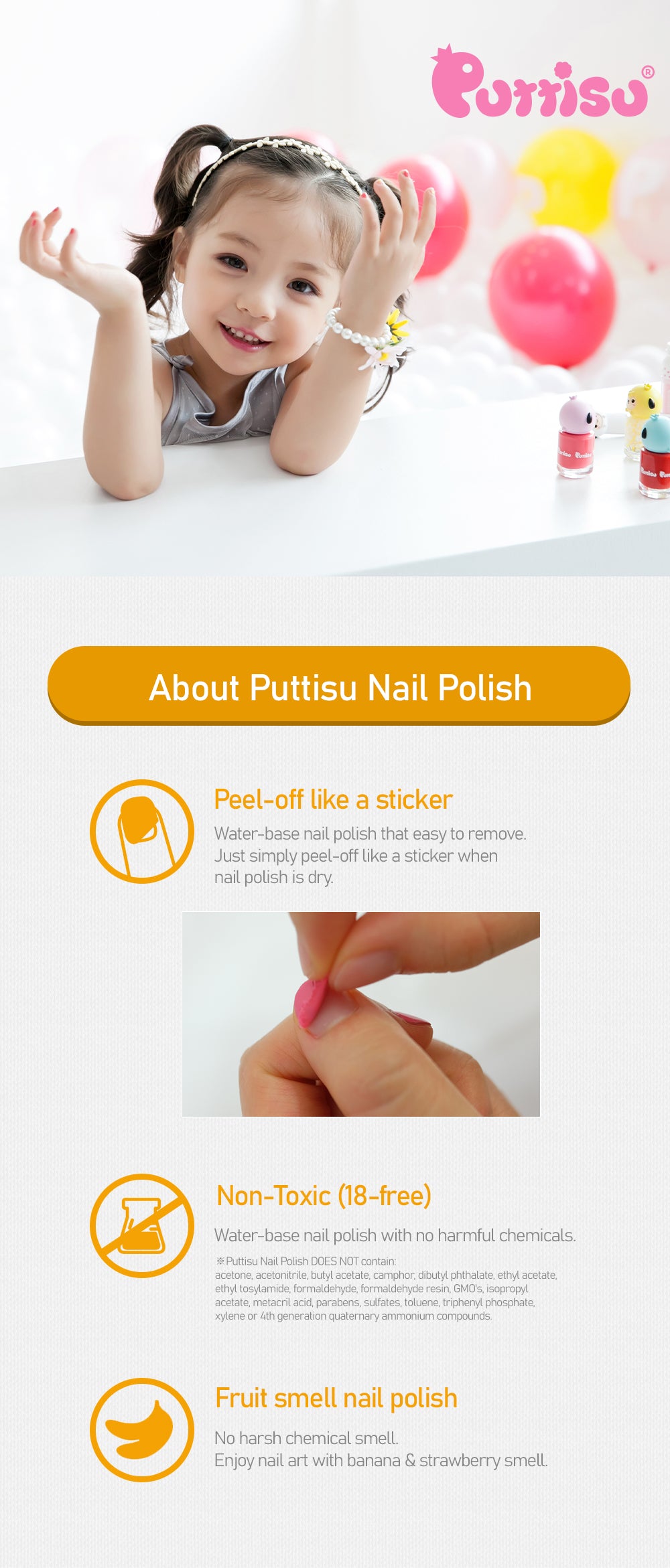 Puttisu Kids Teens Peel off Non toxic nail polish 3-Color Nail Art