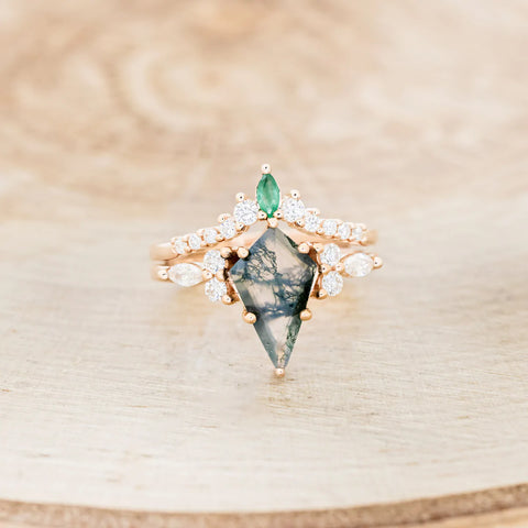 "Sage" Kite Cut Moss Agate Engagement Ring With Diamonds & Emerald