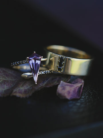 Spinel Snake Engagement Ring & "Orion" Black Diamond Wedding Band
