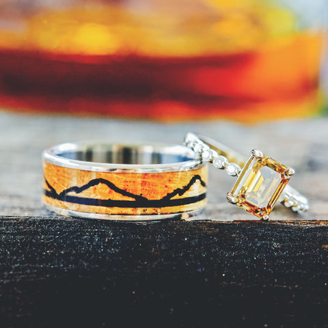 Charred Whiskey Barrel Wedding Band & Champagne Diamond Engagement Ring