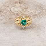 CLADDAGH BRIDAL SUITE - ROUND CUT LAB-CREATED EMERALD SOLITAIRE ENGAGEMENT RING WITH DIAMOND ACCENTS TRACER & CLADDAGH TRACER