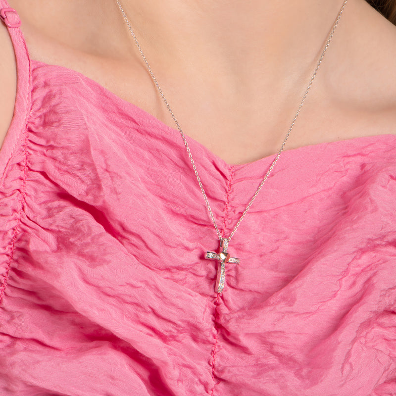 Jewelili 10K Rose Gold Over Sterling Silver With Natural White Round Diamonds Heart Cross Pendant Necklace