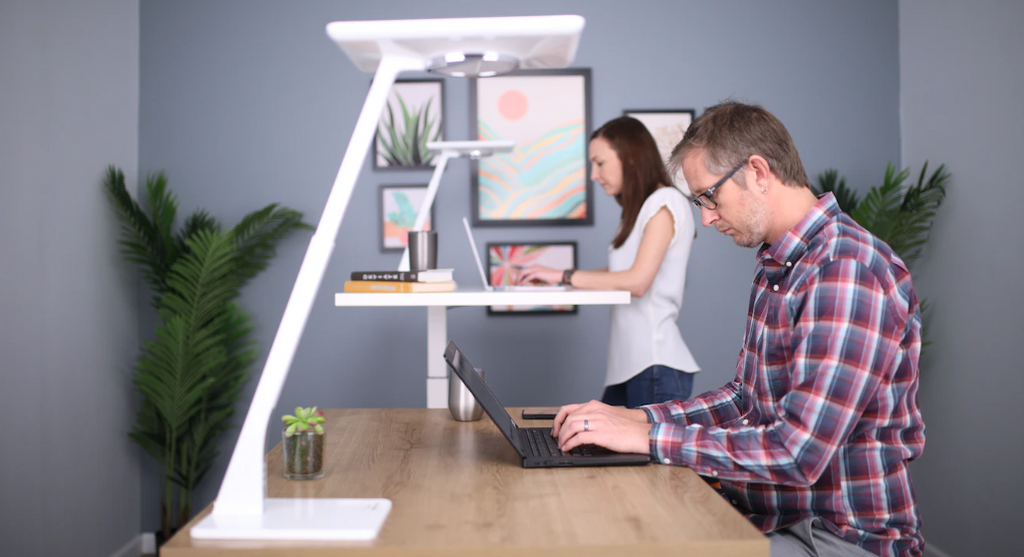 employees working on a standing desk