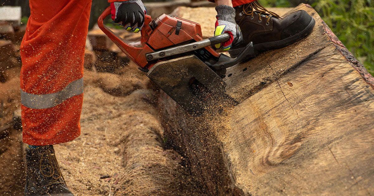 Man cutting wood with electric chainsaw